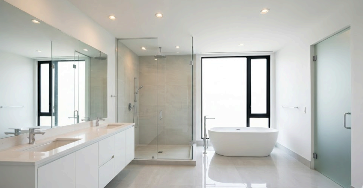 Luxury bathroom renovation with new tile, vanity, and fixtures in Barrie, ON
