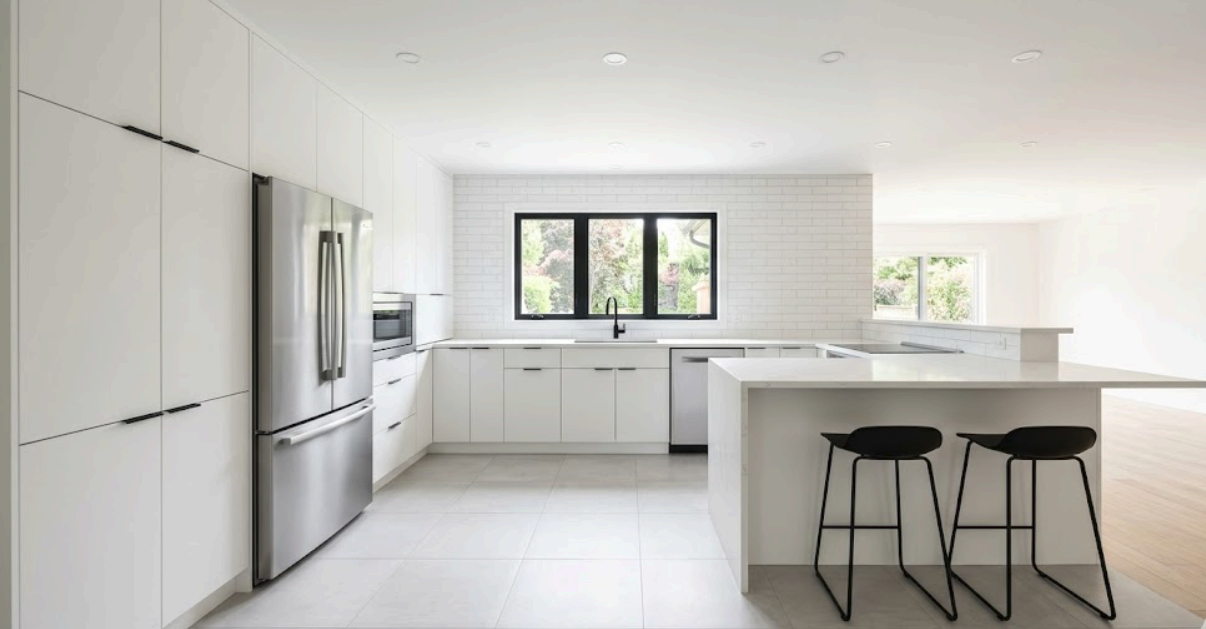 Complete kitchen renovation with new flooring, cabinetry, and modern lighting
