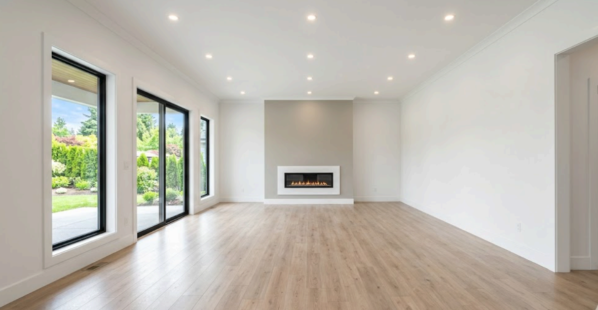 Open concept living room renovation — wall removed, new flooring and trim in Barrie, ON