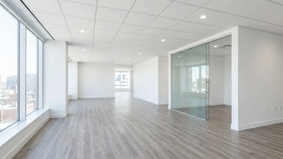 Commercial office section renovation with new drywall, flooring, and lighting in Barrie, ON